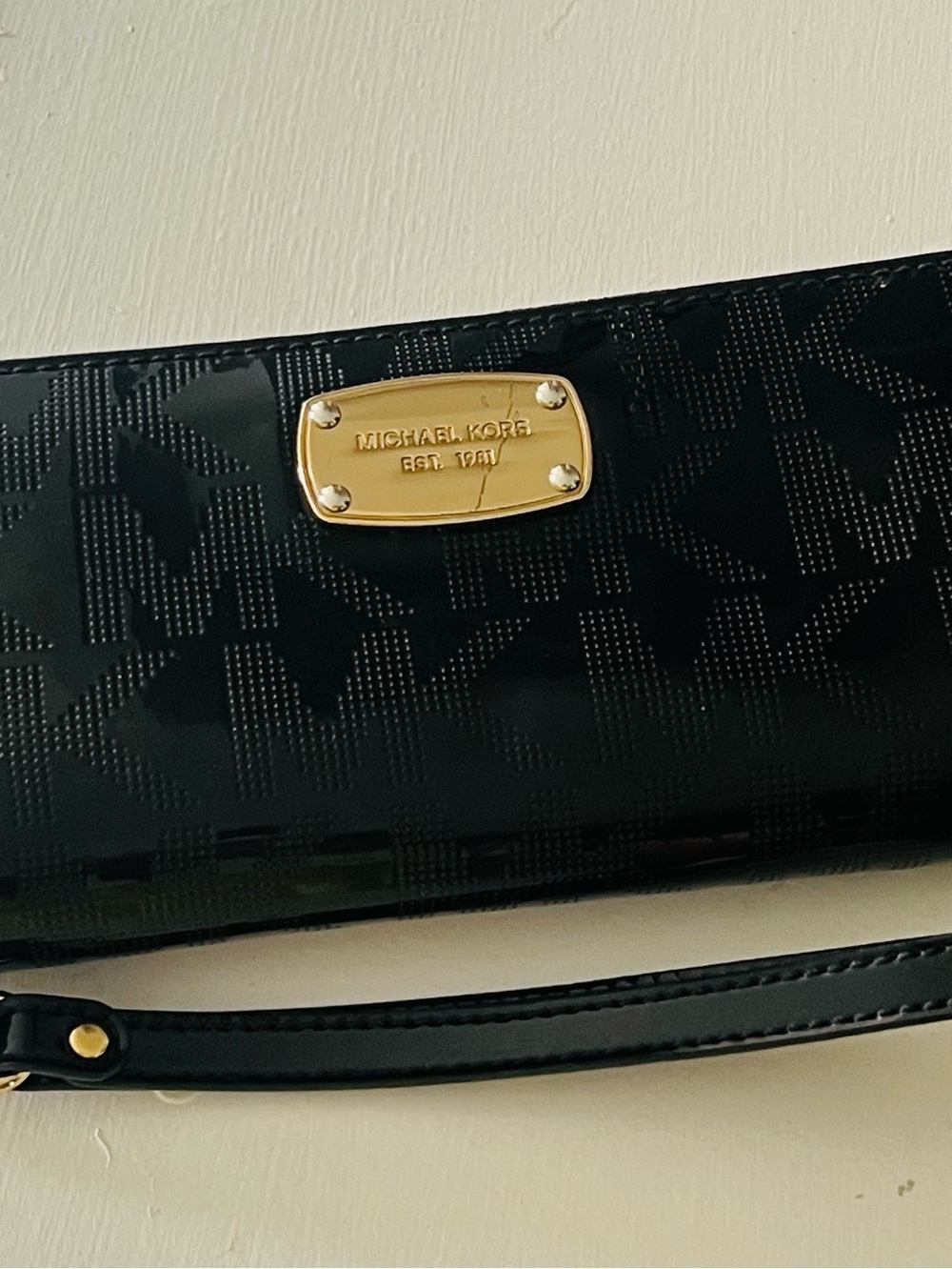 Michael Kors Black Patent Wristlet Clutch with Gold Plate